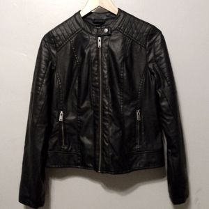 Large feux-leather biker jacket.